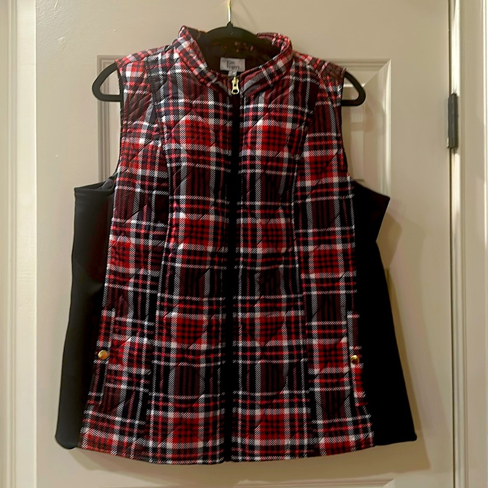 NWT Kim Rogers black festive plaid core vest size Large
